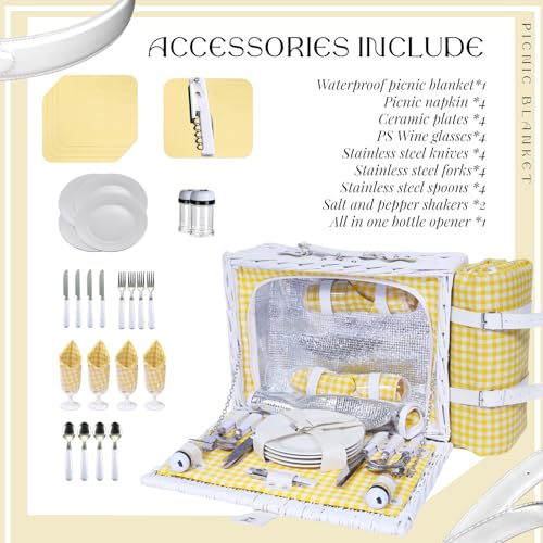 Picnic Basket Set for 4 with Waterproof Blanket Mat Insulation Bag Wicker White Yellow Light Fresh Gifts for Wedding Birthday Summer Camp Outdoor Camping Beach Travel Christmas Thanksgiving - color: Yellow Grid