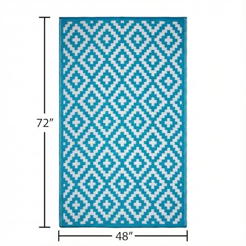 FH Home Outdoor Rug - Waterproof, Fade Resistant, Reversible - Premium Recycled Plastic - Geometric - Patio, Deck, Porch, Balcony, Laundry Room - Aztec - Teal & White Crease Free - 4 x 6 ft - color: Aztec - Teal & White, size: 4' x 6' (Rectangular)