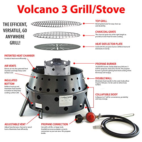 Volcano 3 Collapsible Portable Grill & Stove with Lid & Cookbook 19,500 BTU Burner 13” Cooking Surface Includes Carry Bag Regulator Hose & Heat Diffuser for Camping Tailgating & Dutch Oven Cooking - style: Volcano 3 – Full Kit (Lid + Cookbook)