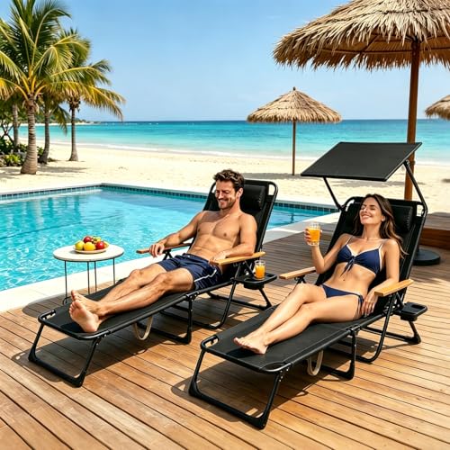 Folding Lounge Chair with Canopy, Tanning Chair with 4-Position Reclining Back, Folding Sun Lounger, Outdoor Lounge Chair for Beach, Poolside, Backyard, Camping, UPF 50+ Sun Shade, 300 LBS - color: Black With Sun Protection