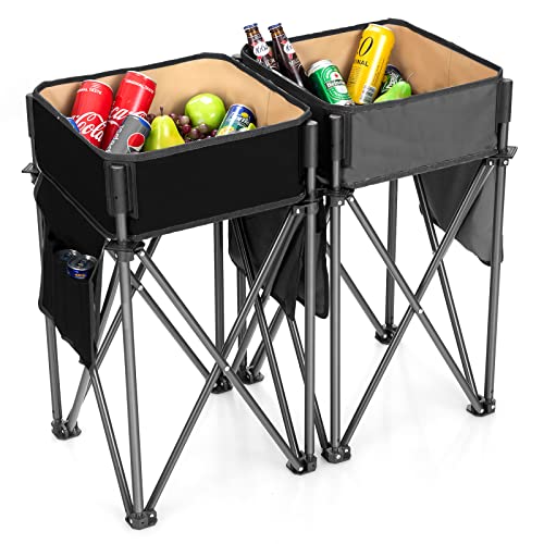 Goplus 2 PCS Folding Camping Tables, Portable Picnic Tables with Large Capacity Storage Sink, Side Pockets, Anti-Skid Feet, Lightweight Tables for Hiking, Fishing, BBQ, Beach (Black+Grey) - color: Black+grey