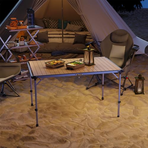 Outsunny Folding Camping Table, Adjustable Height Aluminum Table, Portable Camping Table for Picnic, Beach, BBQ, Light Brown