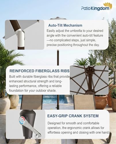 PatioKingdom Auto-Tilt 9FT Patio Umbrella Outdoor with 8 Sturdy Fiberglass Ribs,Market Table Umbrella for Pool,Backyard,Deck and Garden - color: Light Gray, size: 9FT