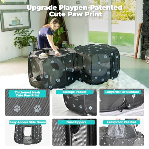 2-in-1 Cat Playpen, Pop Up Dog Pet Playpen for Indoor Outdoor Cats Enclosed, Portable Pet Playpen, Kitten Puppy Foldable Play Pen Cat Dog Tent Crate Cage Kennel(No Divider, Unified Space) - color: Black, size: M, 71"l X 34" X 24.1"h