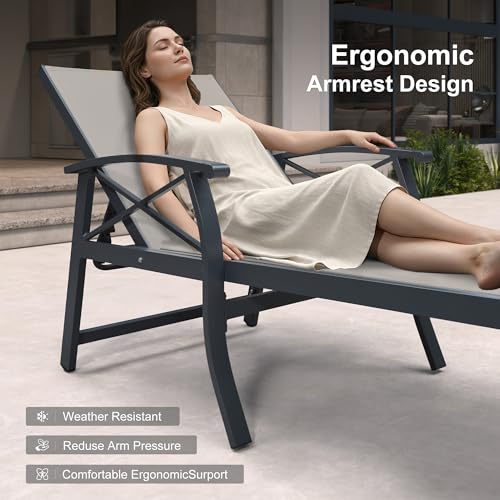 PURPLE LEAF Oversized Chaise Lounge Chair Outdoor Set of 2 Extra Wide Pool Lounge Chairs 5 Adjustable Position with Armrests and Side Table Aluminum Patio Lounge Chair for Outside Beach, Deep Beige - color: Deep Beige, size: Oversized