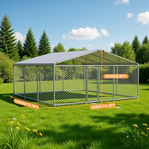 15×15 FT Extra Large & Heavy Duty Dog Kennel Run - Outdoor Metal Enclosure with Lockable Door and Waterproof Cover for Big Dogs - size: 183x183in