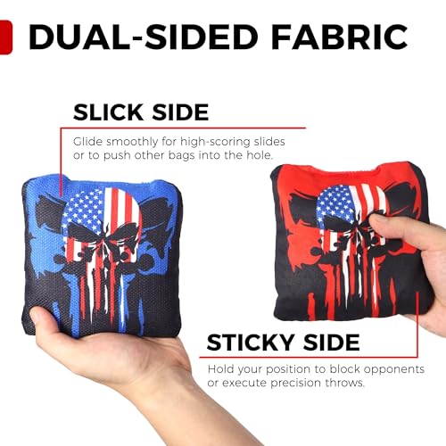 Professional Tournament Cornhole Bags Set of 8 Regulation 6”x6”, 15–16 oz | Dual-Sided Slick & Stick | Quad-Stitched Durability | Premium Resin Fill | Includes Carry Bag