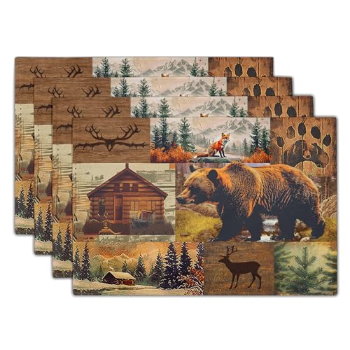 Rustic Lodge Placemats Set of 4，12x18 Inch Bear Deer Fox Cabin Country Brown Black Table Mats Heat Resistant Non-Slip Place Mat Kitchen Dining Room Party Decor Indoor Outdoor - color: Retro Cabin