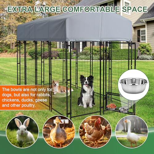 8x4x6 FT Outdoor Dog Kennels for Large Dogs, Heavy Duty Welded Wire Steel Outside Dog Kennel with Roof, Dog Pens with 2 Rotating Dog Bowls, Dog Playpen Fence with Secure Lock for Backyard