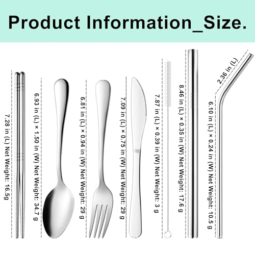 Travel Utensils with Case, Cutlery Set Portable Camp Reusable Flatware Silverware, 7 Pcs Stainless Steel Reusable Cutlery Set, Include Fork, Spoon, Knife, Chopsticks, 2 x Straws & Straw Cleaner Brush - color: Mint Green