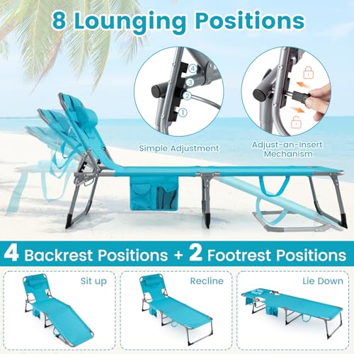 COSTWAY Tanning Chair with Face Hole, Folding Beach Lounge Chair with 4-Position Adjustable Backrest, Pillow & Side Pocket, Foldable Chaise Lounge Chair Outdoor for Sunbathing, Camping (1, Turquoise) - color: Turquoise