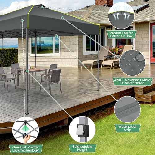 COBIZI 10x30 Pop Up Canopy One Push Party Tent with Air Vent Waterproof Commercial Outdoor Patio Gazebo for Parties Wedding Backyard Events, 3 Adjustable Height, Wheeled Bag, Sandbag, Stakes, Gray - color: Gray, size: 10x30【no sidewalls】