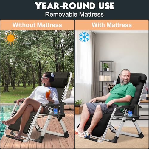 MOPHOTO Zero Gravity Chair, Outdoor Padded Lounge Chair with Side Table, Zero Gravity Recliner Chair, Outdoor Reclining Chair, Sturdy & Comfortable, Supports up to 440lbs - color: Dark Black, style: Zero Gravity Chair