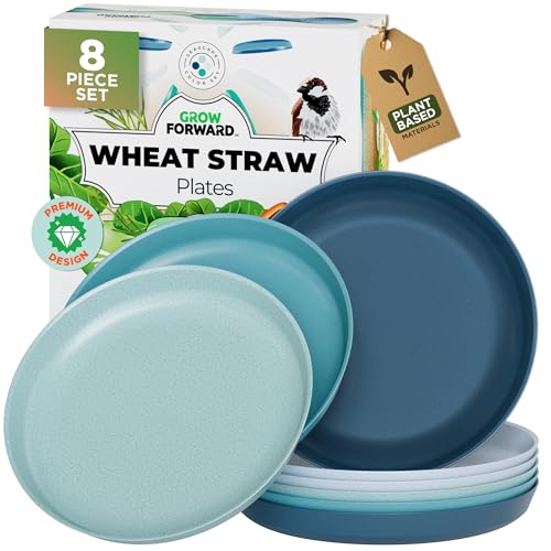 Grow Forward Premium Wheat Straw Plates - 10 Inch Reusable Hard Plastic Dinner Plates Set of 8 - Unbreakable Microwave Safe Plates for Dessert, Camping, RV, Outdoors, Patio, Kitchen Dishes - Seascape - color: Seascape, size: 10 inch