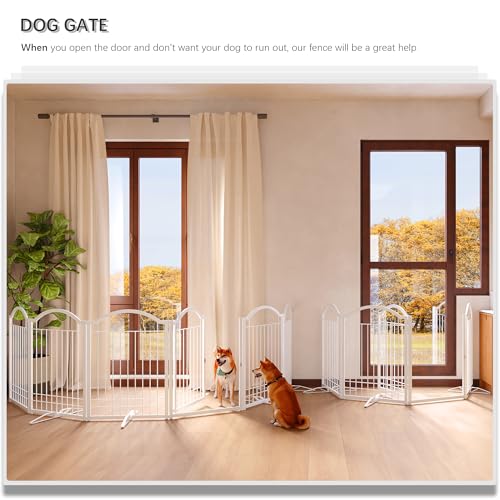 4NM Metal No Drilling Expandable Dog Gate, Extra Wide 144", Extra Tall 32" Free Standing Pet Gate with Door, Gates for Dogs Outdoor or Indoor, with 4PCS Support - White - color: White, size: 【32"h】6-panel With Door
