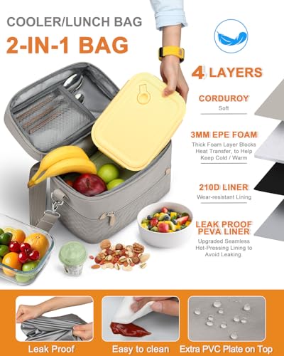 Capolo Lunch Box for Women Men Adults,Insulated Lunch Bag Leakproof Lunch Cooler Box with Removable Strap Cute Lunch Tote Bags Reusable Thermal Lunchbox for Work Picnic(Small,Khaki Gray) - color: Khaki Gray, size: Small