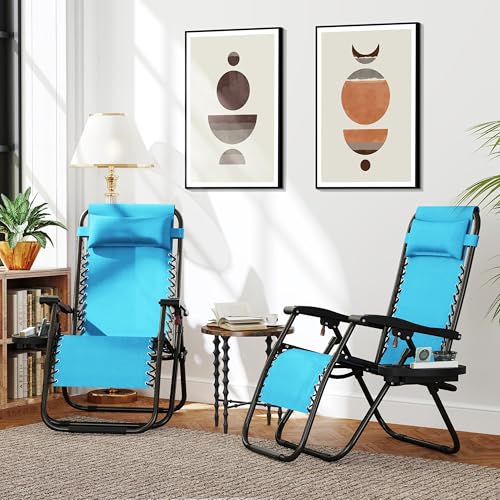 Yaheetech Zero Gravity Recliners Outdoor Adjustable Folding Reclining Lounge Chairs w/Pillows, Cup Holder Trays and Carry Strap for Patio Backyard Beach Light Blue Set of 2 - color: Light Blue