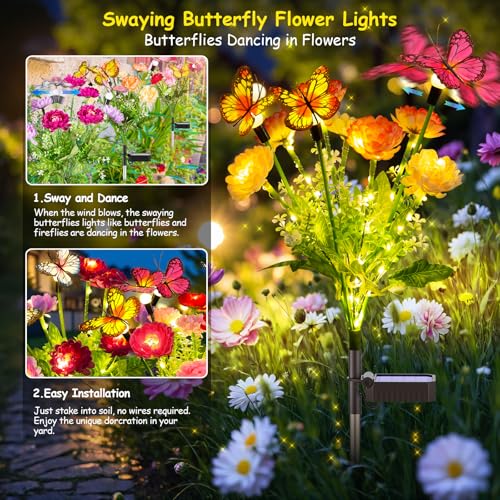 GARPAR Solar Garden Decor, 3 Pack Solar Lights with 9 Butterflies & 21 Blooming Flowers, Solar Flowers Outdoor Waterproof, Garden Lights for Outdoor Decorations