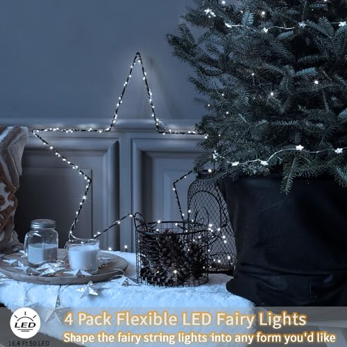 4 Pack Fairy Lights Battery Operated, 16.4 Ft 50 LED Starry Fairy Lights with Auto Timer Dark Green Copper Wire Twinkle Lights IP65 Waterproof for Wedding Bedroom Christmas (Cool White) - color: Cool White-Green Wire