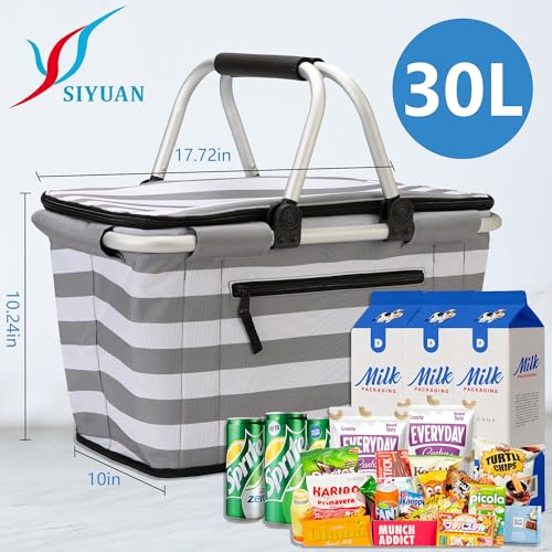 SIYUAN 30L Picnic Basket with Handles Leakproof Large Stripped Insulated Cooler Grocery Shopping Market Tote for Family Gray White - color: Gray White