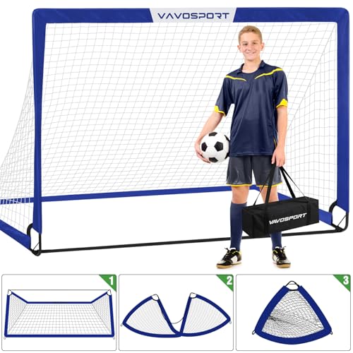 VAVOSPORT Soccer Goal, 2 of 6'x4' Kids Soccer Goals for Backyard Set, Portable Pop Up Soccer Net, Practice Soccer Training Equipment with Ball, Cones for Toddler,Youth Sports Outdoor Games Yard Play - color: Blue
