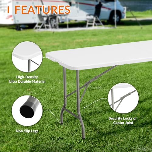 Elevon Folding Table Set with 8 Black Folding Chairs,6 Feet Heavy Duty Fold-in-Half Utility Table Sets for Picnic, Event, Training, Outdoor Activities, at Home and Commercial Use - size: 6 feet, style: With 8 Black Chair