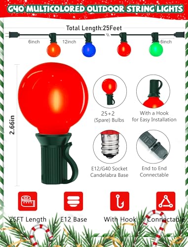 25Ft LED Christmas Outdoor String Lights, G40 Globe Night Lights with 27 0.6W Ceramic Multicolor Bulbs, Vintage Ceramic Lights for Holiday Party Backyard Wedding Garden Patio Porch Decor, Green Wire - color: Baked Multicolor, size: 25Ft
