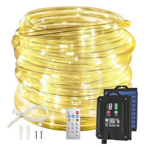 ICRGB Solar Rope Lights Outdoor, 66FT 200LED Christmas Fairy Light with Remote, IP67 Waterproof Solar String Lights, Timing & 8 Modes, Outdoor Light for Garden Patio Porch Pool, Warm White - color: Warm White, size: 66FT