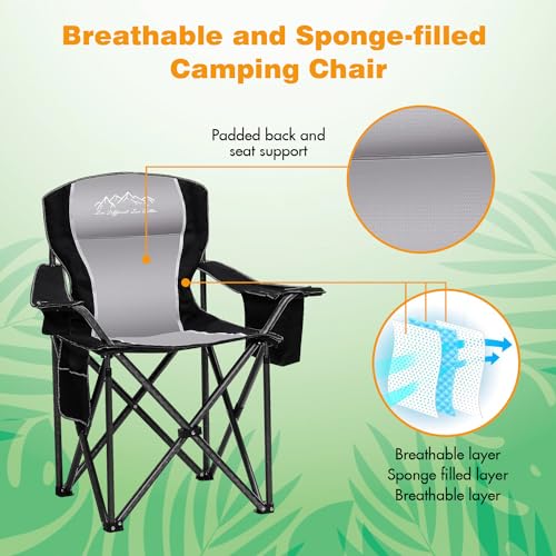 Camping Chair Portable Folding Outdoor Chair Heavy Duty Padded Chairs Lawn Chair with Cup Holder, Storage Pocket and Cooler Bag, Supports 500 LBS, Black - color: Black