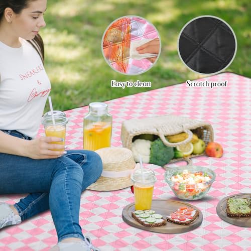 Nuanchu Checkered Picnic Blanket Extra Large Outdoor Blanket Sandproof 80"x80" Waterproof Portable Machine Washable 3 Layer Thick Gingham Picnic Mat for Beach Camping Park Grass Travel (Light Pink) - color: Light Pink