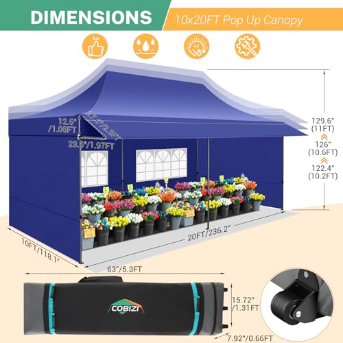 COBIZI 10x20 Pop Up Canopy Tent with Awning & Sidewalls, Heavy Duty Commercial 10X20 Canopy Tents Instant Waterproof, UPF 50+ Sun Shade for Outdoor, Parties, Markets (Deep Blue) - color: Deep blue, size: 10x20FT with 4 Sidewalls & 1 Awning Cloth