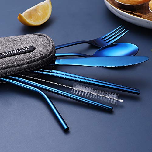 Portable Stainless Steel Flatware Set, Travel Camping Cutlery Set, Portable Utensil Travel Silverware Dinnerware Set with a Waterproof Case (Blue) - color: Blue