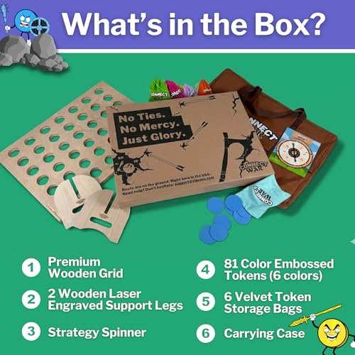 Connect War – Giant Wooden 4-in-a-Row Game for 2–6 Players – Indoor and Outdoor Strategy Game – Family Games for Kids and Adults – USA-Made Wooden Grid