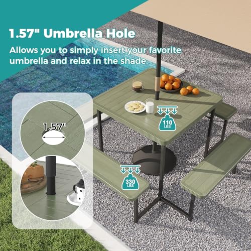 Giantex Picnic Table Bench Set for 4-8 People, 34" Outdoor Square Dining Table & 2 Benches w/Umbrella Hole, HDPE Tabletop, Metal Frame, Patio Camping Furniture for Backyard Porch Lawn (Green,Square) - color: Green, size: Square-34"x34"x30"