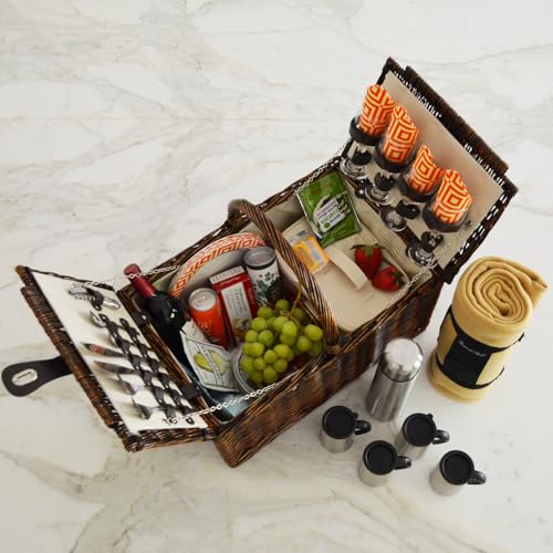 Picnic at Ascot Buckingham Willow Picnic Basket With Blanket And Coffee Service, Brown Wicker/Diamond Orange