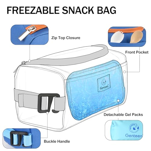 Genteen Small Cooler Bag with Ice Packs,Freezable Lunch Bag Snack Bag,Small Insulated Bag Reusable Lunch Bag Kids with Zip Closure & Buckle Handle for Travel/School/Work,Blue - color: Blue