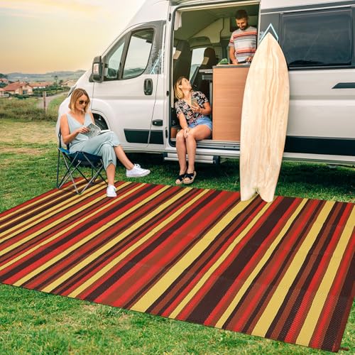 GarveeHome 9x18 Outdoor Rug Modern Geometric Reversible Plastic Straw Outdoor Large Rugs Colorful Striped Lines Outside Decor Carpet Waterproof Portable for Balcony Camping Picnic, Red Orange Yellow - color: Geometric Stripes| Red Orange Yellow, size: 9'