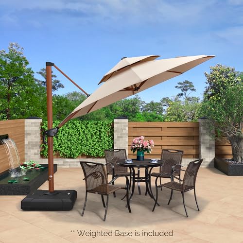 PURPLE LEAF Outdoor Umbrella with Base Patio Round Umbrellas Large Cantilever Parasol Windproof Offset Heavy Duty Sun Umbrellas for Garden Deck Pool Patio,10ft Beige - color: Beige, size: 10 Feet, style: Base Included
