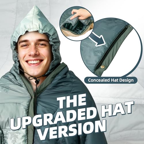 Outdoor Camping Blanket with Sherpa Lining, Extra Warm Thick Camp Blankets and Puffy Ultralight Soft Poncho DWR Camping Quilt for Cold Weather, Adventure, Sleeping, Backpacking 78"x 56" - color: Hooded - Pale Green, size: 78 x 56 inches