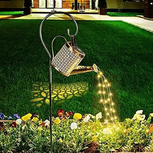 Solar Watering Can Lights, LED Solar Lantern String Light Outdoor Garden Waterproof Hollowed-Out Retro Metal Water Can Lights, for Garden Patio Yard Pathway Lantern Plant Decoration(with Bracket) - color: Copper coin flower