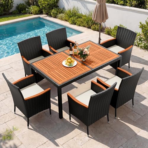 Devoko Dining 7 PCS Furniture, Patio Conversation Set with Acacia Wood Table Top, Outdoor, Beige Cushion and Black Rattan - color: Black, style: 7 Piece Dining Set