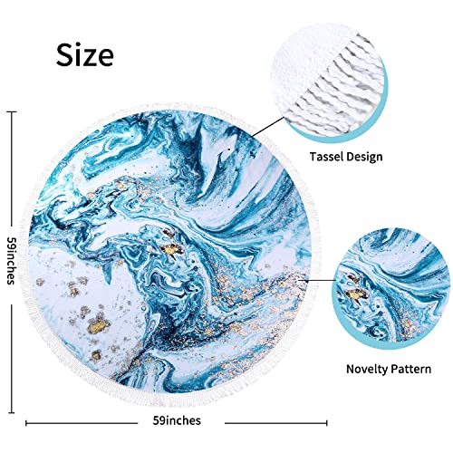 Benefeet Sox Beach Towel Large Round Mandala Pool Towels Tassels Microfiber Quick Dry Beach Blanket Throw Bohemian Roundie Swim Pool Circle Towel, 59 Inches - color: Blue Marble Liquid Quicksand