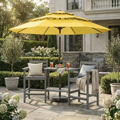 Kingdura 9ft 3-Tier Patio Umbrella, Outdoor Table Umbrella with Easy Crank & Tilt, 8 Reinforced Ribs, UV Protection for Deck, Pool, Market, Backyard (Yellow) - color: Yellow, size: 9 FT