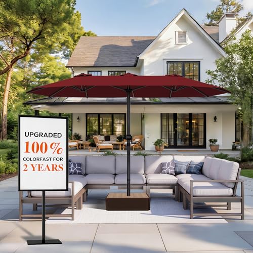 GDPFN 15ft Large Patio Umbrella with Solar Lights, Outdoor Double-Side Rectangular Umbrella, Backyard Pool Umbrella with LED Light for Deck, Outside, Market, Burgundy (Base Not Include) - color: Burgundy, size: With Led