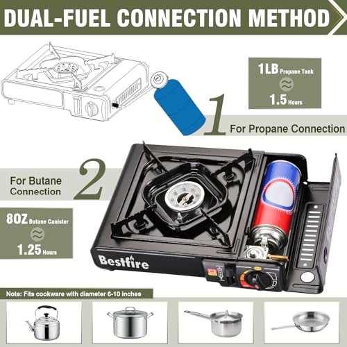 BESTFIRE Portable Dual Fuel Camping Stove - 10,000 BTU Butane and Propane Stove with Adapter & Case - Single Burner Gas Stove for Outdoor Cooking, Tailgating & Emergency
