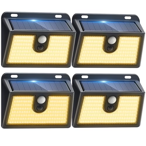 [4 Packs] Solar Motion Sensor Outdoor Lights, Super Bright Solar Lights Outdoor Waterproof, 3 Lighting Modes Security Wall Light for Outside Walking Dog Fence Backyard Deck Garden Door Step Garage - color: Warm White, size: 4 Pack
