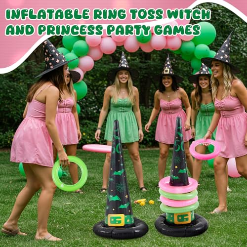 Leitee 10 Pcs Inflatable Witch Hat Ring Toss Game Set Carnival Pink and Green Inflatable Ring Toss for Witch Themed Birthday Party Decoration Indoors Outdoors