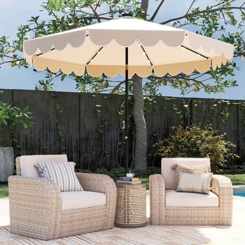 Tangkula 10FT Solar LED Patio Umbrella, 2-Tiers Scalloped Outdoor Table Market Umbrella with 24 LED Lights, Vented Top, Tilt Adjustment, Crank, 8 Ribs for Backyard Poolside Deck Beach Lawn (Beige) - color: Beige, size: 10Ft