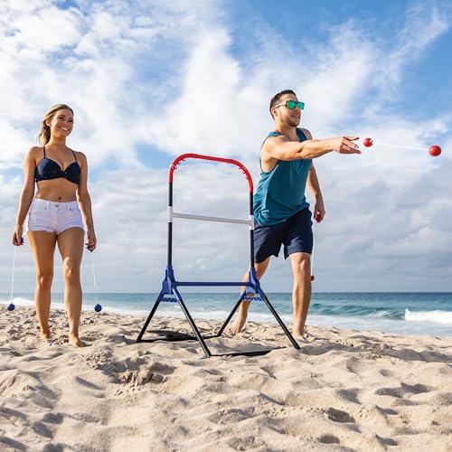 Wild Sports Folding Ladderball Set - Black/Red/Blue, 22" W x 40" H - Foldable Design for Outdoor Sports - Weather-Resistant Build for Beach Games - Wide Base & Metal Anchors for Lawn Games - color: Black/Red/Blue