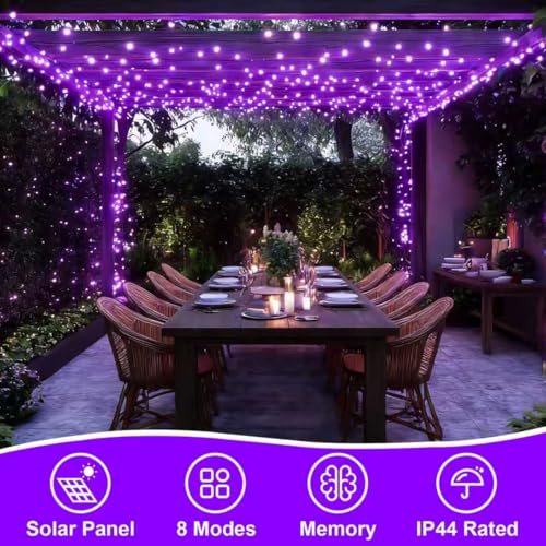 QITONG 4 Pack Solar Fairy Lights, Each 33ft 100 LED Purple Christmas String Light Outdoor Waterproof, 8 Modes Silver Wire Twinkle Mini Lights - color: Purple, size: 4Pack*100LED